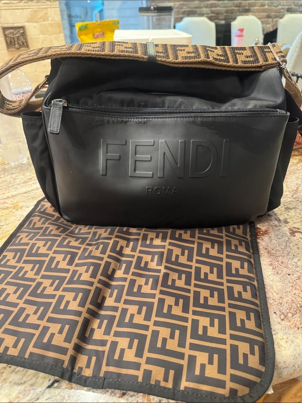 Fendi Black Nylon  diaper bagLogo Messenger Bag with FF-Print Strap